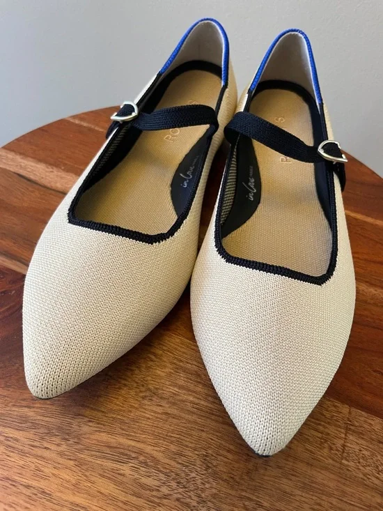 Rothy's Pointed Mary Jane Flats in Cream with Black Trim and Blue Heel sz 8 - Picture 11 of 14